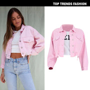 Casual Women's Cropped Denim Jacket in Ghost Pink - Jackie's Majestic Trinkets & Garments