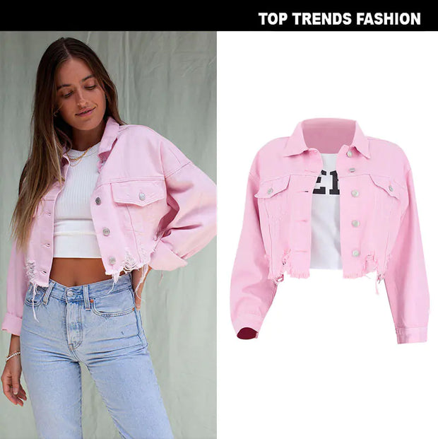 Casual Women's Cropped Denim Jacket in Ghost Pink - Jackie's Majestic Trinkets & Garments