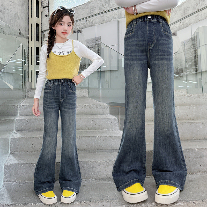 Korean Style Girls Flared Jeans Casual Long Denim Pants For Middle School