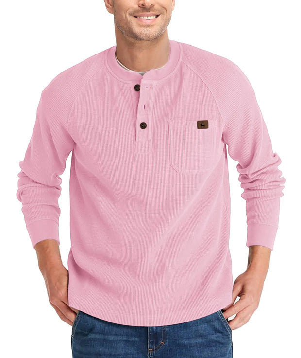 WENTTUO Henley Long Sleeve Shirts for Men Waffle Thermal Fashion Casual Tee Shirt Three Button Pullover with Pocket Pink - Jackie's Majestic Trinkets & Garments