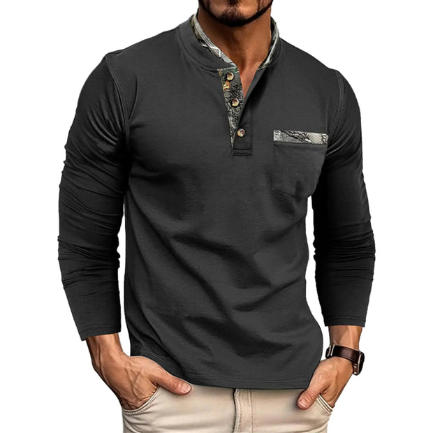 Mens Fashion Henley Shirt Casual Basic Long Sleeve Cotton T-Shirt Classic Button Tee - Jackie's Majestic Trinkets & Garments