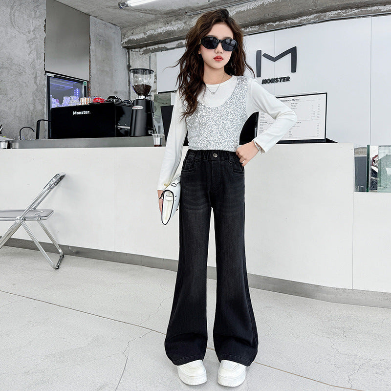 Korean Style Girls Flared Jeans Casual Long Denim Pants For Middle School