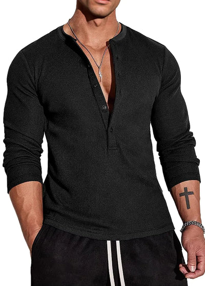 Muscle Cmdr Mens Waffle Henley Shirts Long Sleeve T-Shirt Stylish Casual 5 Button Placket Slim Fit Tee Thermal Underwear Black M - Jackie's Majestic Trinkets & Garments