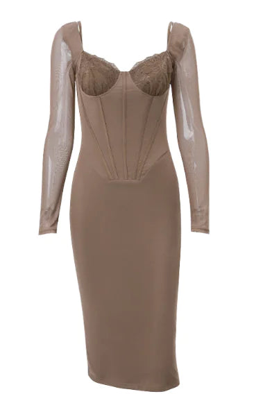 Mokka Midi Dress with Corset and Long Sleeves (One Piece) - Jackie's Majestic Trinkets & Garments