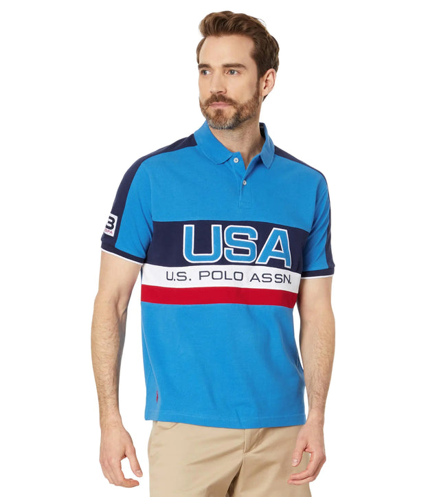 U.S. POLO ASSN. Mens Fashion Color Block Graphic Pique Short Sleeve Polo Shirt Super Sonic Blue Large - Jackie's Majestic Trinkets & Garments
