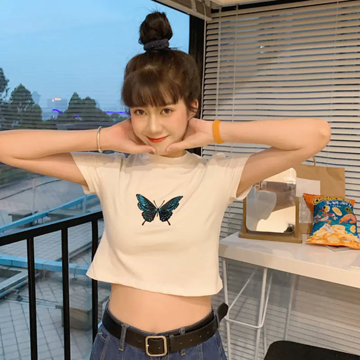 Summer Butterfly Print Short Sleeve T-Shirt for Women - Jackie's Majestic Trinkets & Garments