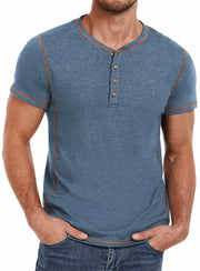 PEGENO Mens Fashion Henley Short Sleeve T-Shirt Cotton Casual Shirt Contrast Stitching Tees Tops VG-Blue Medium - Jackie's Majestic Trinkets & Garments