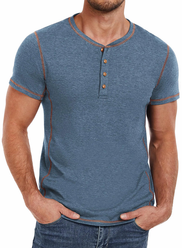 PEGENO Mens Fashion Henley Short Sleeve T-Shirt Cotton Casual Shirt Contrast Stitching Tees Tops VG-Blue Medium - Jackie's Majestic Trinkets & Garments
