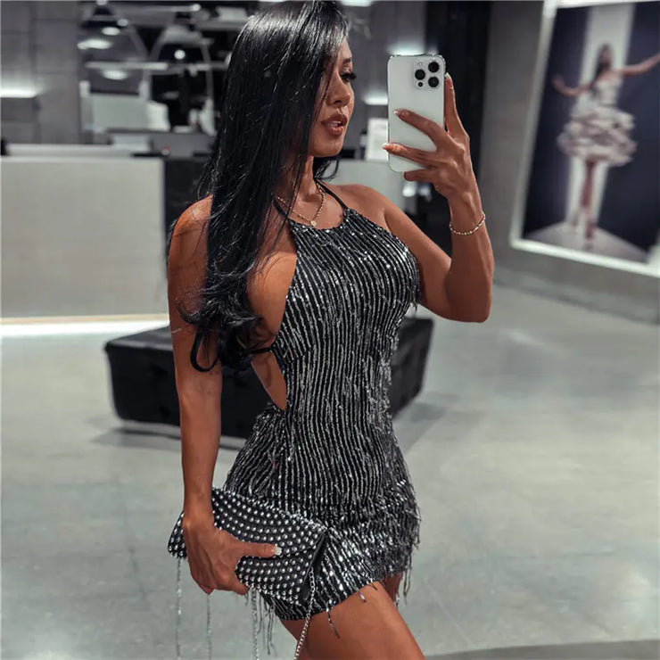 Halter Backless Sequin Tassel Dress for Women - Jackie's Majestic Trinkets & Garments