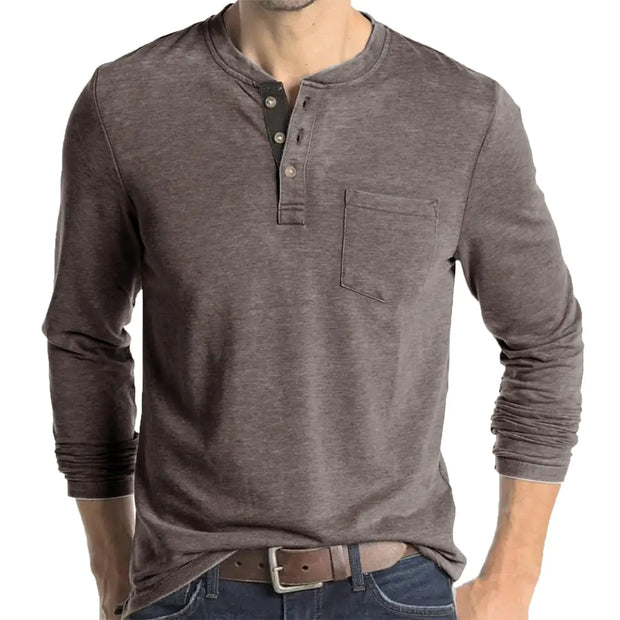 Henley Long Sleeve T-Shirt Mens Fashion Cotton Casual Shirt Classic Button Basic Tops with Pocket - Jackie's Majestic Trinkets & Garments