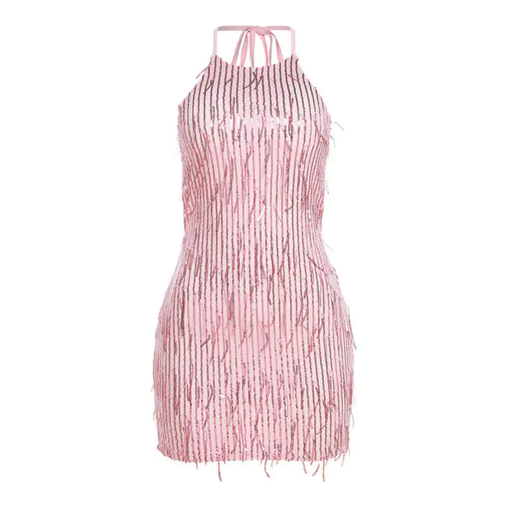 Halter Backless Sequin Tassel Dress for Women - Jackie's Majestic Trinkets & Garments