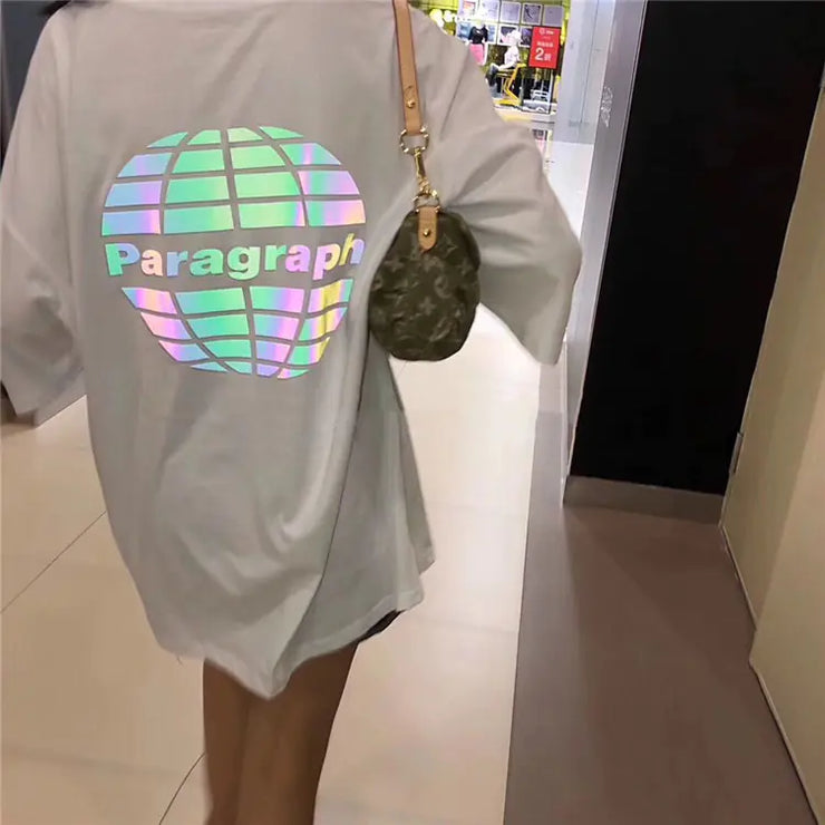 Reflective Earth Letter Print Short Sleeve T-Shirt - Jackie's Majestic Trinkets & Garments