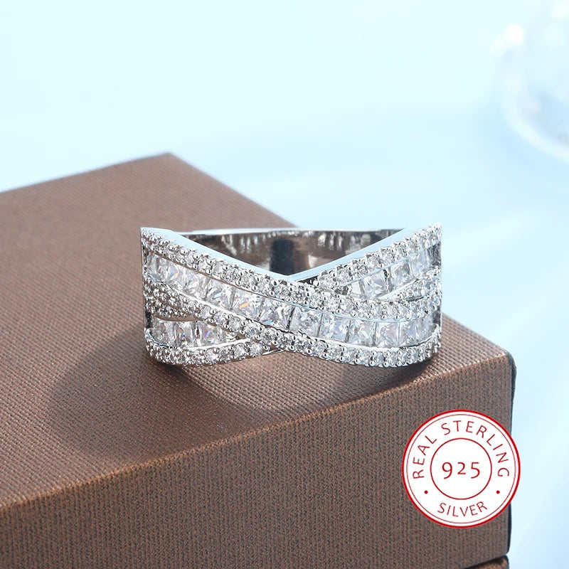 New S925 silver Geometric Intersection Ring For Women Wedding Engagement Christmas Present Fashion Jewelry Cute Wholesale - Jackie's Majestic Trinkets & Garments