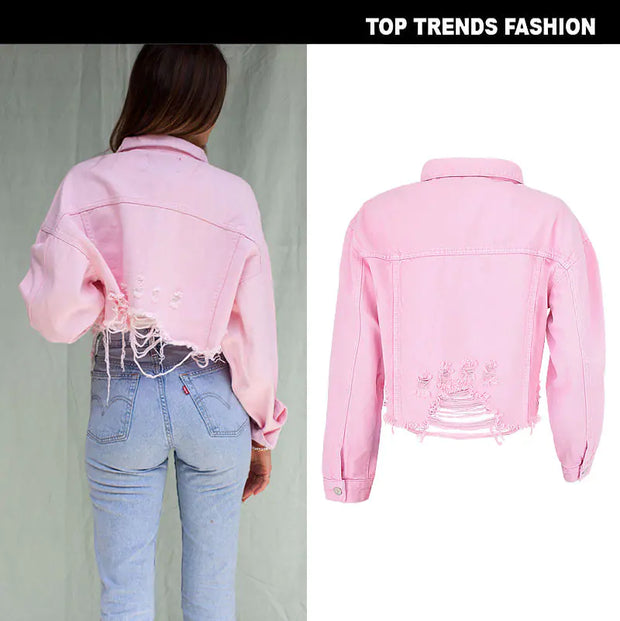 Casual Women's Cropped Denim Jacket in Ghost Pink - Jackie's Majestic Trinkets & Garments
