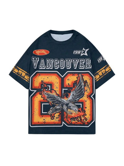 WDIRARA Mens Eagle Letter Graphic Street T Shirt Oversized Short Sleeve Crewneck Tee Top Blue Medium - Jackie's Majestic Trinkets & Garments