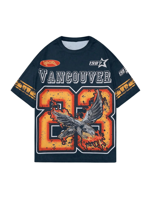 WDIRARA Mens Eagle Letter Graphic Street T Shirt Oversized Short Sleeve Crewneck Tee Top Blue Medium - Jackie's Majestic Trinkets & Garments