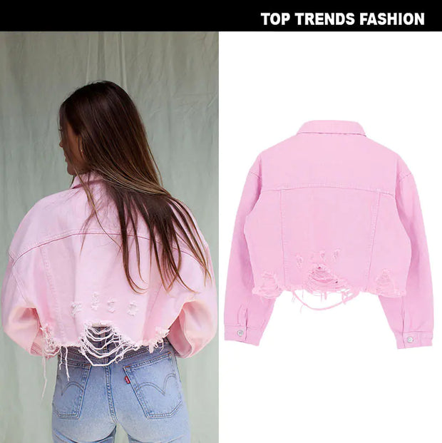 Casual Women's Cropped Denim Jacket in Ghost Pink - Jackie's Majestic Trinkets & Garments