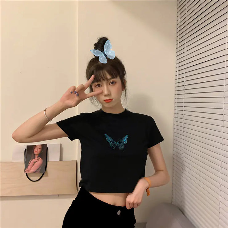 Summer Butterfly Print Short Sleeve T-Shirt for Women - Jackie's Majestic Trinkets & Garments
