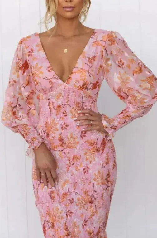 Elastic Waist Long Sleeve V-neck Printed Flounced Skirt Dress - Jackie's Majestic Trinkets & Garments