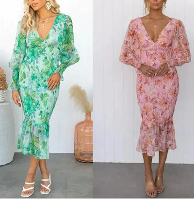 Elastic Waist Long Sleeve V-neck Printed Flounced Skirt Dress - Jackie's Majestic Trinkets & Garments