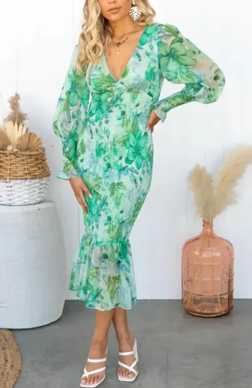 Elastic Waist Long Sleeve V-neck Printed Flounced Skirt Dress - Jackie's Majestic Trinkets & Garments