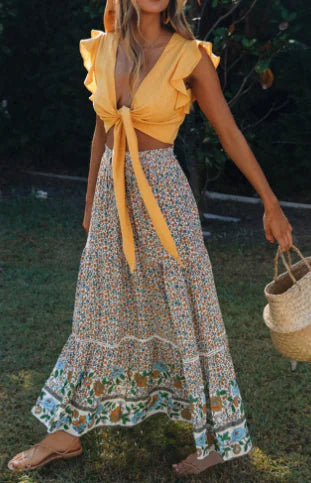 Lace Trim Printed Midi Skirt - Jackie's Majestic Trinkets & Garments