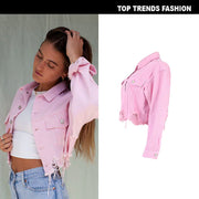 Casual Women's Cropped Denim Jacket in Ghost Pink - Jackie's Majestic Trinkets & Garments