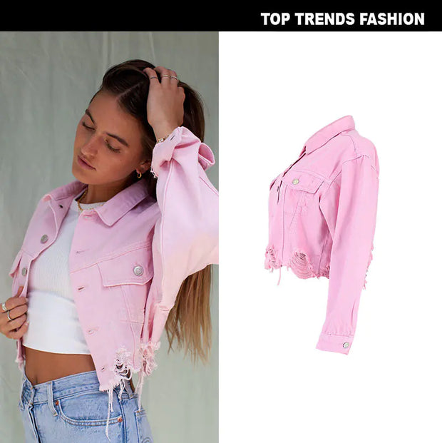 Casual Women's Cropped Denim Jacket in Ghost Pink - Jackie's Majestic Trinkets & Garments