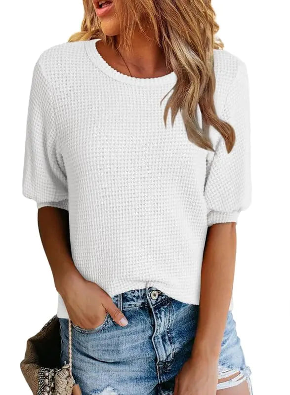 Dokotoo Womens Short Sleeve Tops Crewneck Knit Pullover Tops 2024 Summer Casual Lightweight Waffle Blouse Shirt Fashion Lantern Sleeves Oversized White Tee Top Large - Jackie's Majestic Trinkets & Garments