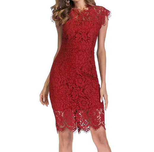 Lace Bodycon Cocktail Dress with Short Sleeves (One Piece) - Jackie's Majestic Trinkets & Garments