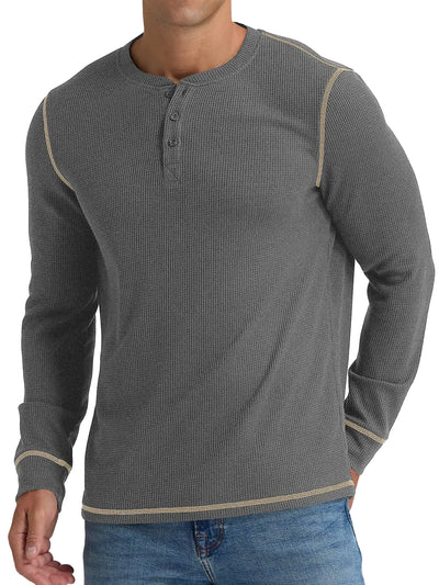 RQP Mens Henley Shirts Long Sleeve Waffle Knit Tee Shirts Fashion Button Fall ShirtsDark Gray M - Jackie's Majestic Trinkets & Garments