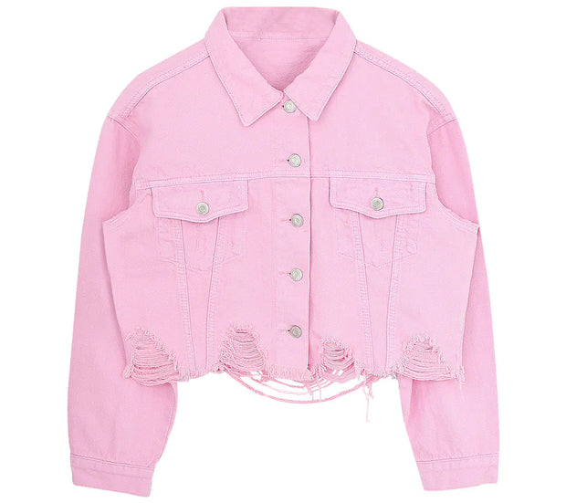 Casual Women's Cropped Denim Jacket in Ghost Pink - Jackie's Majestic Trinkets & Garments