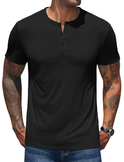 COOFANDY Mens Henley Shirts Short Sleeve Casual Basic Henley Tee Summer Button Lightweight Stretch T Shirts Black - Jackie's Majestic Trinkets & Garments